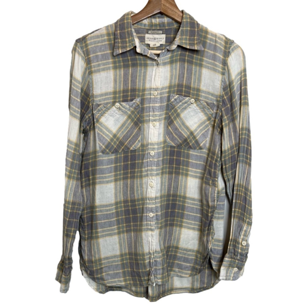 Denim & Supply Womens Size Medium Grey Yellow Linen Blend Plaid Button Up Shirt